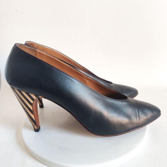 Petra Firenze Heels 9.5 Italian Leather Sole Pumps Navy Blue Pointy Toe Striped - Picture 10 of 13